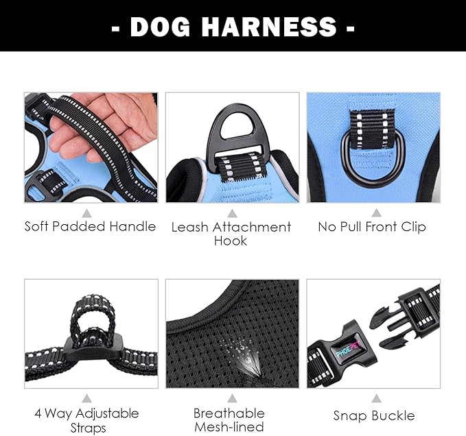 PHOEPET No Pull Dog Harness Reflective Adjustable Vest with a Training Handle, Name ID Pocket, 2 Metal Leash Hooks, 3 Snap Buckles [Easy to Put on & Take Off](M, Baby Blue)