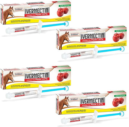 Horse Ivermectin Paste 1.87% – Apple Flavored Oral Horse Dewormer Syringe – 6.08g Tube Treats Horses Up to 1250 LB (4 Pack)