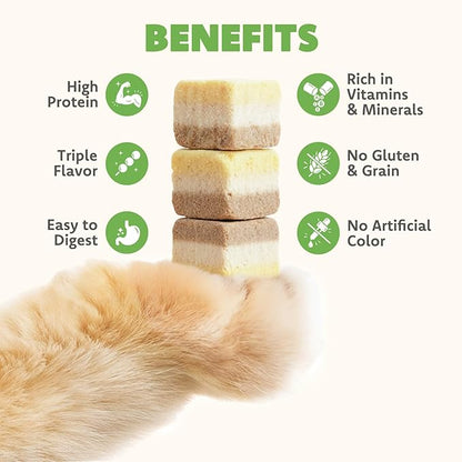 MON2SUN Triple-Layer Freeze Dried Cat & Dog Treats, Chicken, Egg & Chicken Liver Recipe Cube, Grain-Free High Protein Snacks, All Natural Food Topper or Training Rewards, 5.6oz