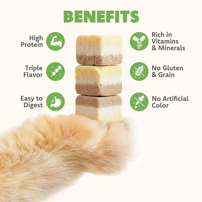 MON2SUN Triple-Layer Freeze Dried Cat & Dog Treats, Chicken, Egg & Chicken Liver Recipe Cube, Grain-Free High Protein Snacks, All Natural Food Topper or Training Rewards, 10.6oz