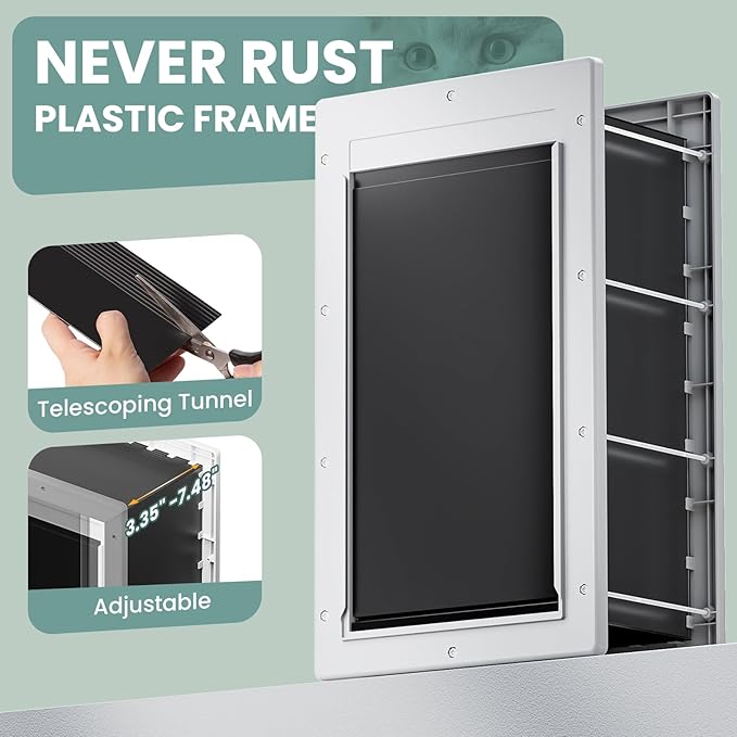 3-Flap Dog Door, Medium Doggy Door for Wall, Never Rust Plastic Through Wall Doggie Door, Telescoping Tunnel, Closing Panel for Lock, Pet Door for Cats, Pets Up to 45 Pounds
