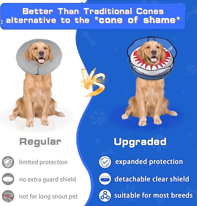 Inflatable Dog Cone Collar Soft Dog Cone Alternative After Surgery to Stop Licking for Large Medium Dogs Recovery Donut Cone Adjustable Neck Collar with Enhanced Anti-Licking Guard Shield,Shark Blue,L