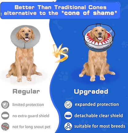 Inflatable Dog Cone Collar Soft Dog Cone Alternative After Surgery to Stop Licking for Large Medium Dogs Recovery Donut Cone Adjustable Neck Collar with Enhanced Anti-Licking Guard Shield,Shark Blue,M