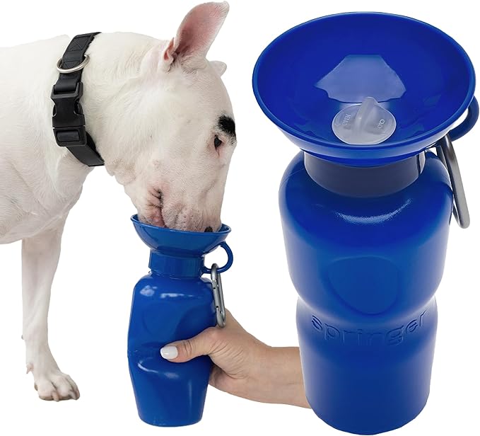 Springer Dog Water Bottle | Portable Travel Water Bottle Dispenser For Dogs - As Seen on Shark Tank | Patented, Leak-Proof Bottles Fill Bowl With Water - Ideal for Walking | BPA-Free 22oz Indigo