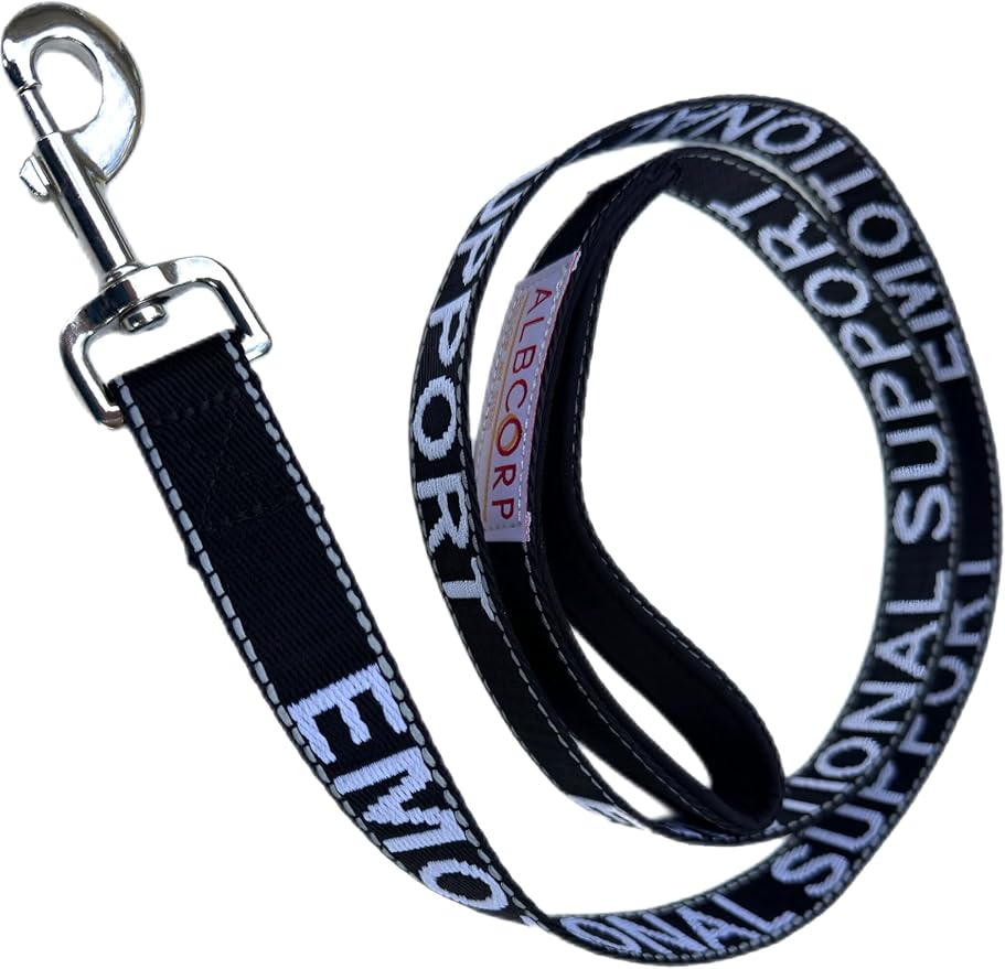 Albcorp Emotional Support Dog Leash 4 FT x 1 Inch – Reflective ESA Leash with Embroidered Emotional Support Lettering, Heavy-Duty Nylon, Padded Neoprene Handle, (Black, Emotional Support)