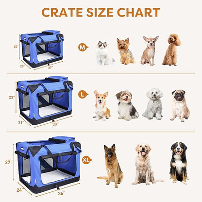 JESPET Soft Dog Crates Kennel for Pets, 3 Door Soft Sided Folding Travel Pet Carrier with Straps and Fleece Mat for Dogs, Cats (Royal Blue, Large(30" L x 21" W x 23" H))