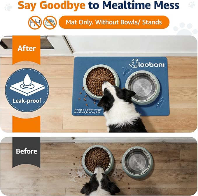LOOBANI Dog Food Mat for Floors Waterproof 23.6"x15.7"- Absorbent Dog Bowl Mat for Food and Water Bowl, Leakproof Rubber Backing, Dog Feeding Mat for Dog, Cat, Pet (23.6"x15.7", Dark Blue)