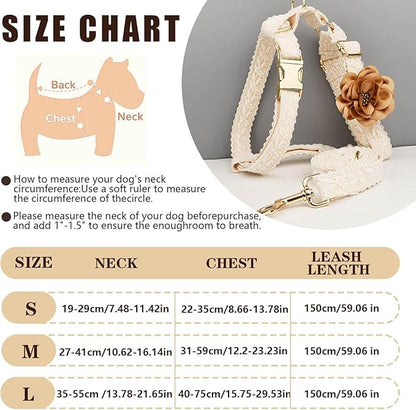 White Dog Harness and Leash Set Adjustable Lace Harness for Girl Dogs Luxury Dog Harness No Pull with Handle & Bow Flowers for Easy Dog Walking,S