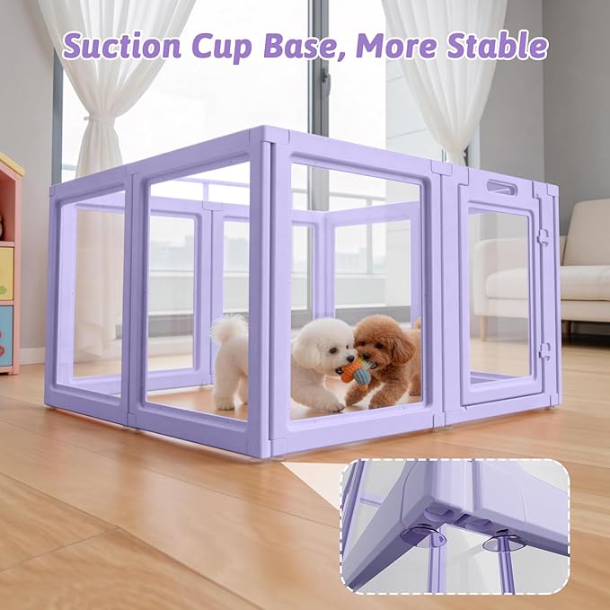 DIY Clear Acrylic Dog Playpen House,Quick Easy Assembly and Disassembly,Strong Floor Suction,Indoor and Outdoor Use,Easy Cleansing Puppy Fence (Purple, 23.6" H, 8PCS)