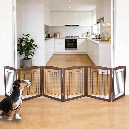 ZJSF Freestanding Foldable Dog Gate for House Extra Wide Wooden Brown Puppy Gate Stairs Dog Gates Doorways Tall Pet Gate 24 "Height 6 Panels Pet Fence