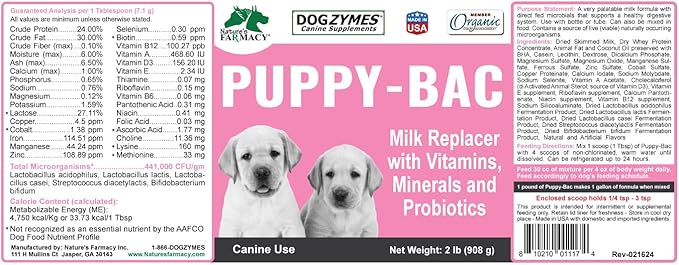 Dogzymes Puppy-Bac Milk Replacer formulated with The Proper ratios of Protein, Fat and nutrients for Growing Puppies (8 Ounce)
