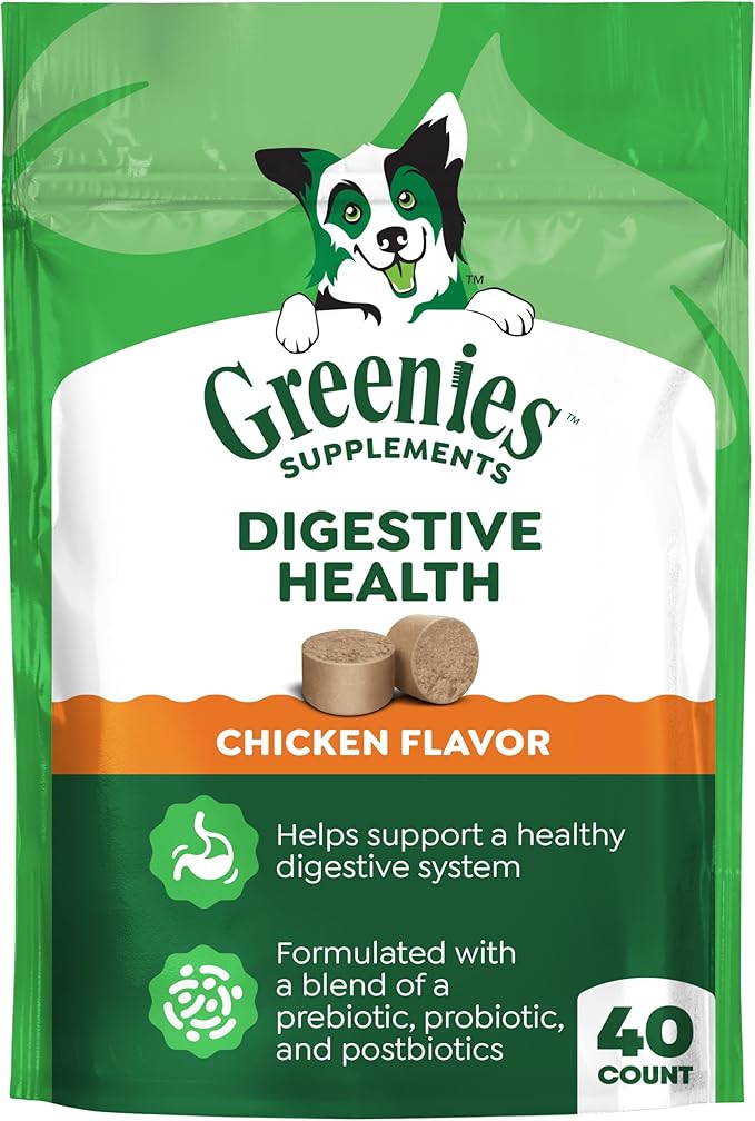 Greenies Supplements Digestive Health Probiotics for Dogs, Dog Probiotic Supplements, Chicken Flavor, 7.8 oz. Pouch of 40 Count