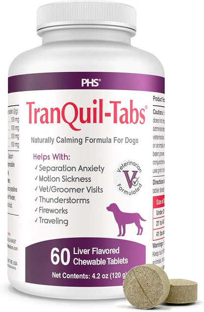 TranQuil-Tabs for Dogs - Contains Chamomile, L-Tryptophan, and Melatonin - Relieves Stress and Tension - Ease Travel and Separation Anxiety - 60 Tabs