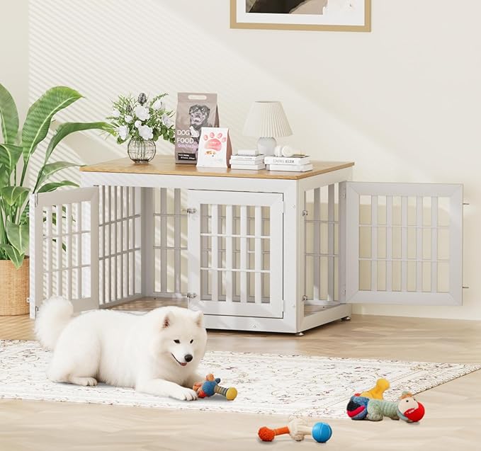 Snuowu 42" Heavy Duty Dog Crate Furniture for Small,Medium and Large Dogs,Rustic Wooden Dog Cage Kennel Indoor Furniture with Waterproof Top,Decorative Pet House Side End Table (White & Wood)