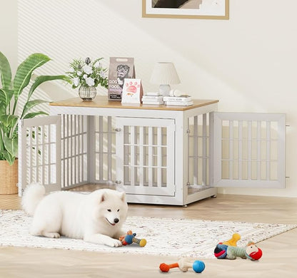 Snuowu 42" Heavy Duty Dog Crate Furniture for Small,Medium and Large Dogs,Rustic Wooden Dog Cage Kennel Indoor Furniture with Waterproof Top,Decorative Pet House Side End Table (White & Wood)