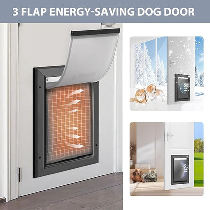 [Petoasis] 3-Flaps Dog Door for Wall, Rust Proof Aluminum Alloy Frame, Extreme Weather Dog Door Can Block Wind, Snow, and Rainwater Intrusion (Black, Large for Wall)