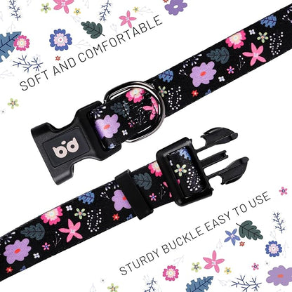 QQPETS Adjustable Soft Dog Collar: Print Flower Pink Multicolor Cute Patterns for XS Small Medium Large Pet Girl Boy Puppy Walking Running Training
