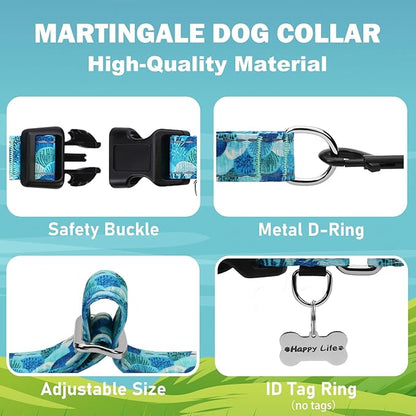 Reflective Martingale Collar with Buckle Adjustable Nylon Training Pet Collars for Large Dogs (Turquoise Shell, L)