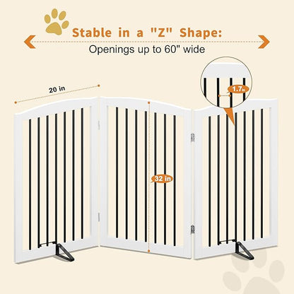 PUPETPO Freestanding Pet Gate for Dogs, Foldable Wooden Dog Gate for House Indoor, Tall Pet Fence for Stair, Doorway,Hall, Support Feet Included, 3 Panels 32",White