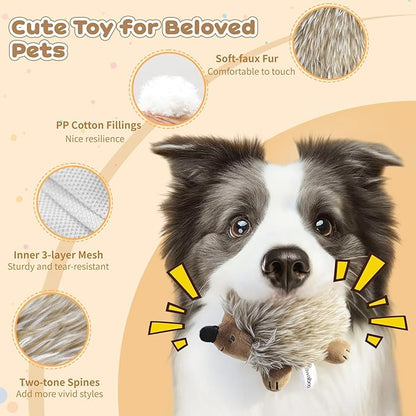 Pawaboo Plush Dog Toy, Non-Toxic Super Soft Faux-Fur Hedgehog Dog Toy Squeak Aninal Toy Stuffed Biting Training Playing Toys for Dog Puppy, Brown