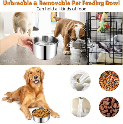 Dog Crate Water Bowl No Spill 40oz & 60oz, 2 Pack Stainless Steel Large Dog Water Bowls for Cage, Crate, Kennel - Hanging Detachable Pet Water/Food Bowl for Indoor & Outdoor