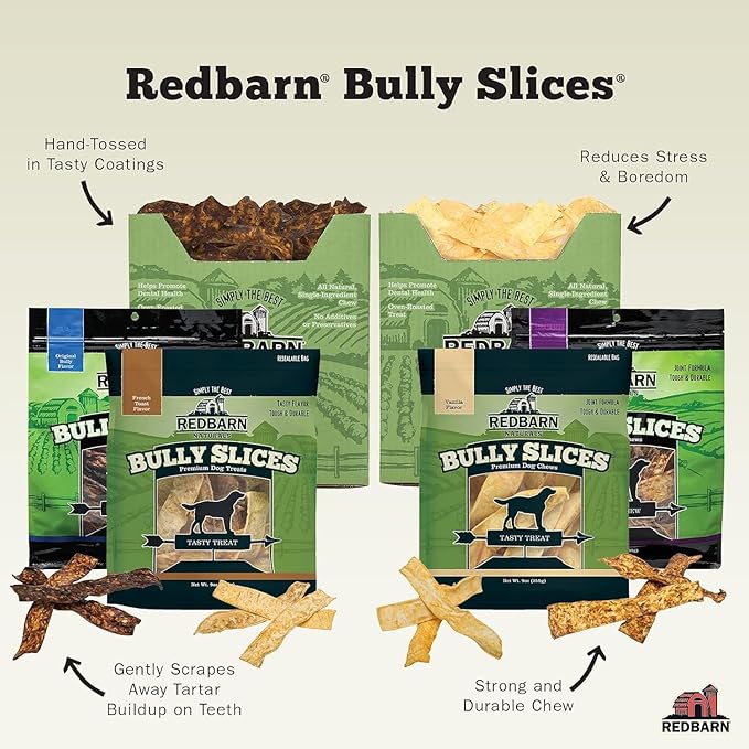 Redbarn Pet Products All-Natural Rawhide Bully Slices - Bully Stick Flavor - Premium Grain-Free Beef Hide Treats High Protein Low Fat for Chewers - 9 oz Bag