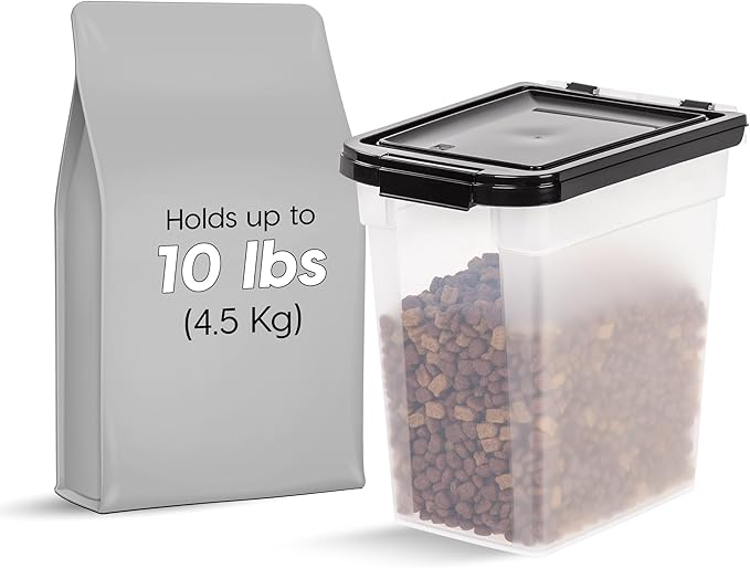 IRIS USA Airtight Dog Food Storage Container, WeatherPro, Up to 10 lbs, for Dog Cat Bird and Other Pet Food Storage Bin, Keep Fresh, Translucent Body, Made in USA, Clear/Black