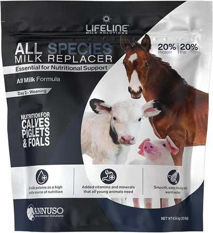 ANNUSO LIFELINE All Species Milk Replacer 20:20, 10lb Bag - All-Milk Formula with LifePulse - For Calves, Piglets, Foals - Supports Growth, Digestion, Immunity - Easy Mix, High Protein & Fat Blend