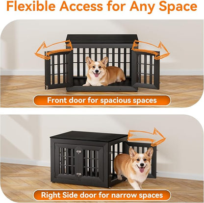 Snuowu 32" Heavy Duty Dog Crate Furniture for Small,Medium and Large Dogs,Rustic Wooden Dog Cage Kennel Indoor Furniture with Waterproof Top,Decorative Pet House Side End Table (Black)