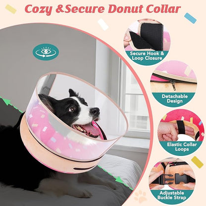 Inflatable Dog Cone with Anti-Licking Clear Shield, Protective Dog Donut Collar After Surgery, Adjustable Soft Recovery Cone for Pets, Alternative Collar with Buckle Strap (Pink, M+)