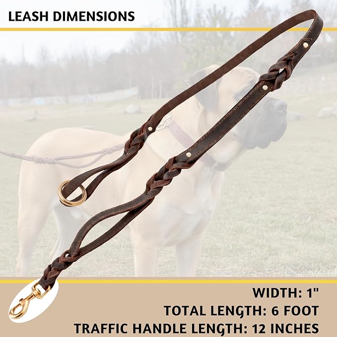 ADITYNA - Double Handle Leather Dog Leash 6ft - Heavy Duty Braided Dog Leash with Traffic Handle for Mastiff, Saint-Bernard, Rottweiler - Lead for Extra-Large Breeds (Brown, Two Handles 6 Foot x 1")
