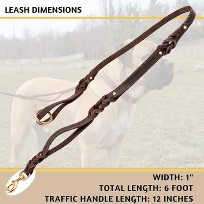 ADITYNA - Double Handle Leather Dog Leash 6ft - Heavy Duty Braided Dog Leash with Traffic Handle for Mastiff, Saint-Bernard, Rottweiler - Lead for Extra-Large Breeds (Brown, Two Handles 6 Foot x 1")