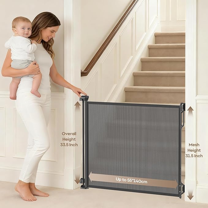 SPACEANY Retractable Safety Baby Gate or Mesh Dog Gate,Durable Portable Mesh Retractable Gate,Easy to Use for Stairs, Doorways, Hallways, Indoor, Outdoor, 33.5" Tall, Up to 55" Wide, Black