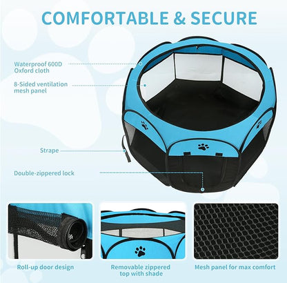 Pet Cat Playpen for Indoor Cats Enclosed, Portable Foldable Dog Playpen Outdoor with Zipper Top Cover Door for Dogs, Cats, Small Animals(M 35" * 35" * 24", Blue)