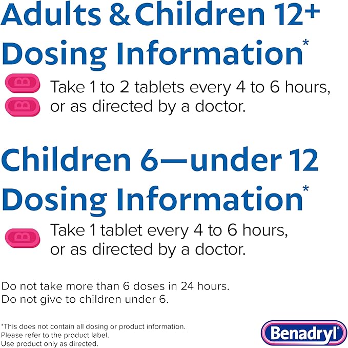Benadryl Ultratabs Allergy Medicine, 25 mg Diphenhydramine HCl Antihistamine Tablets For Cold & Allergy Relief of Symptoms Like Sneezing, Runny Nose, Itchy Eyes & Throat, Hay Fever, 100 Count Tablets