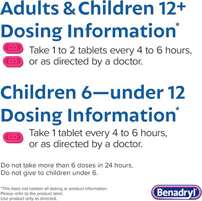 Benadryl Ultratabs Allergy Medicine, 25 mg Diphenhydramine HCl Antihistamine Tablets For Cold & Allergy Relief of Symptoms Like Sneezing, Runny Nose, Itchy Eyes & Throat, Hay Fever, 100 Count Tablets
