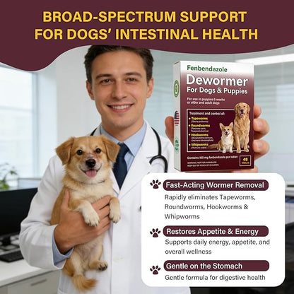 Dog Dewormer for Dogs & Puppies, Fenbendazole All Wormers Tablets for Tapeworms, Roundworms, Hookworms & Whipworms, 48 Count