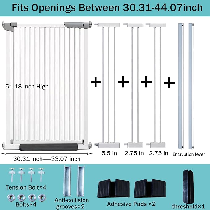 SHYUJAJIE 51.18 Inch Extra Tall Pet Gate, 29.5-43" Adjustable Wide Auto Close Dog Gates, Pressure Mounted Walk Through Tall Cat Gate for Doorways,Hallway,Stairs（White）