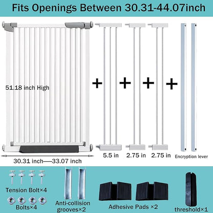 SHYUJAJIE 51.18 Inch Extra Tall Pet Gate, 29.5-43" Adjustable Wide Auto Close Dog Gates, Pressure Mounted Walk Through Tall Cat Gate for Doorways,Hallway,Stairs（White）