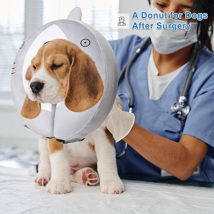 Dog Cone Inflatable Widen Dog Neck Donut Collar, Soft Cone Alternative After Surgery for Large Medium Small Dogs to Stop Licking, Shark, Medium