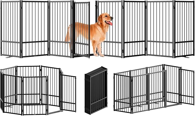 SNUOWU Full Metal Freestanding Dog Gate with Door, 32''Height Foldable Pet Dog Fence for Indoor & Outdoor, 8 Panels Extra Wide Free Standing TallDog Gates for Doorways,House,Stairs,Porch,Deck,Yard