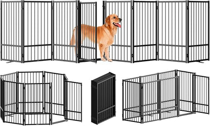 SNUOWU Full Metal Freestanding Dog Gate with Door, 32''Height Foldable Pet Dog Fence for Indoor & Outdoor, 8 Panels Extra Wide Free Standing TallDog Gates for Doorways,House,Stairs,Porch,Deck,Yard