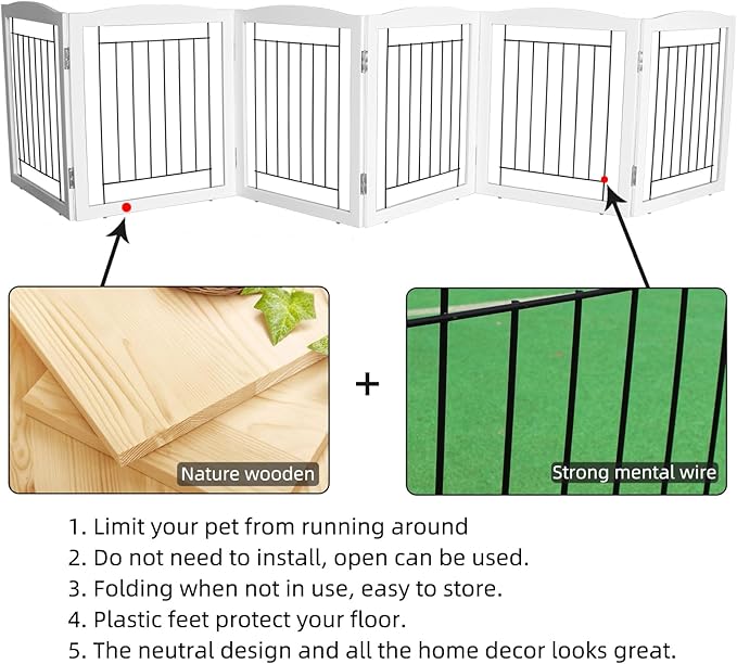 ZJSF Freestanding Foldable Dog Gate Wooden Extra Wide White Puppy Gate 6 Panels Tall Pet Gates for The House Dog Fence