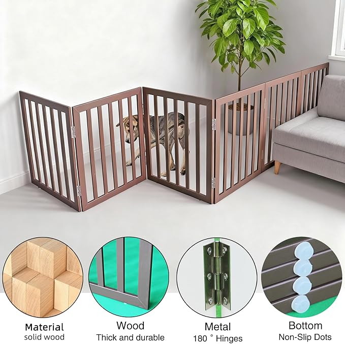 ZJSF Freestanding Indoor Dog Gate for House Foldable Wood Brown Puppy Gate for Doorways Pet Gate for Stairs Extra Wide Pet Fence 24" Height 6 Panels
