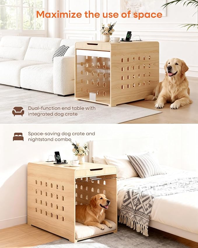 Modern Dog Crate Furniture with Charging Station Large Kennel Indoor with Flip-up Hidden Acrylic Door for Large and Medium Breeds up to 110lb Wood Pet End Side Table Cage, Oak