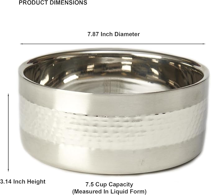 PetRageous 18437 Sanibel Stainless-Steel Hammered Double Walled Dog Bowl 7.87-Inch Width and 3.14-Inch Height 7.5-Cups Capacity, Metallic