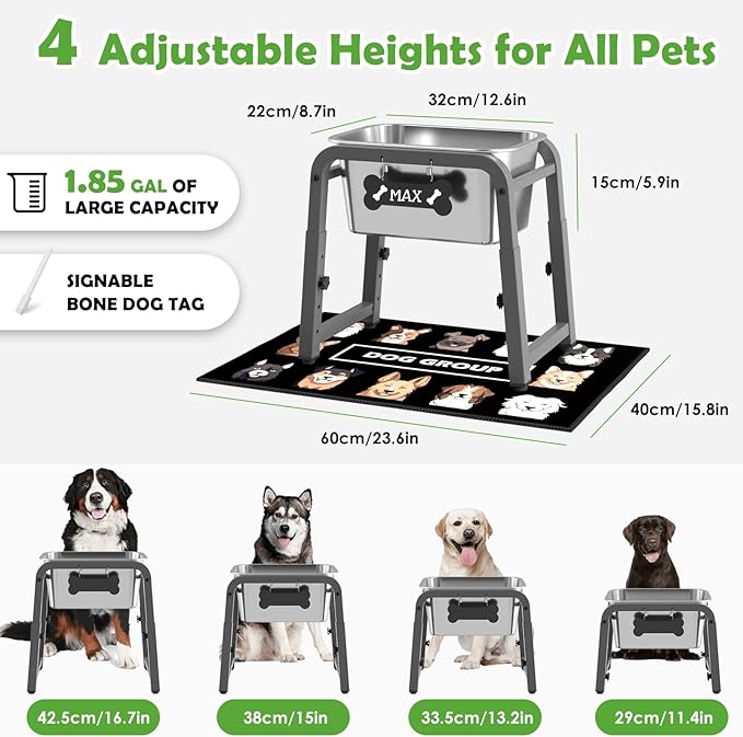 1.85 Gallon Elevated Dog Water Bowl, Height Adjustable (11–17'') Raised Stainless Steel Bowl with Spill-Proof Mat & Sturdy Metal Stand, Tip-Proof, Easy to Clean, Indoor & Outdoor Use