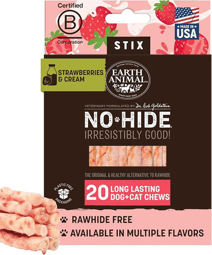 Earth Animal No-Hide Stix Strawberries & Cream Vegetarian Recipe Natural Rawhide Alternative Dog & Cat Chews, 20 Pack Value Pack