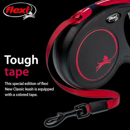 FLEXI New Classic Tape Retractable Dog Leash for Medium Dogs Upto 30-55 lbs. – 16 ft., Black Red |Tangle Free Pet Walking Leash with One-Handed Brake, Pause, Lock |German Quality Product