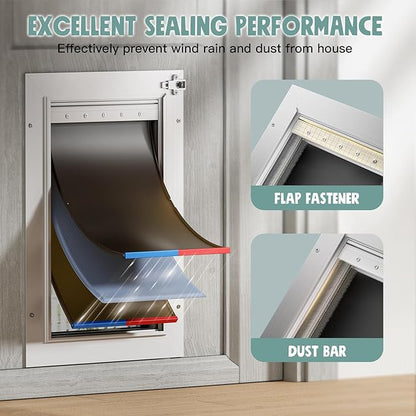 Cat Door Interior Door All Aluminum White 3 Flaps, for Exterior Door Small Cat Dog Doggy Doggie Door, Heavy Duty Pet Door, Insulation Flap, Lockable Closing Panel Telescoping Tunnel, Pets Up to 22lbs